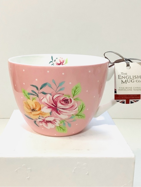 The English Mug Co. Other - Fine Bone China The English Mug Co Pink Floral Rose Mug Blossoms Polka Dots NEW